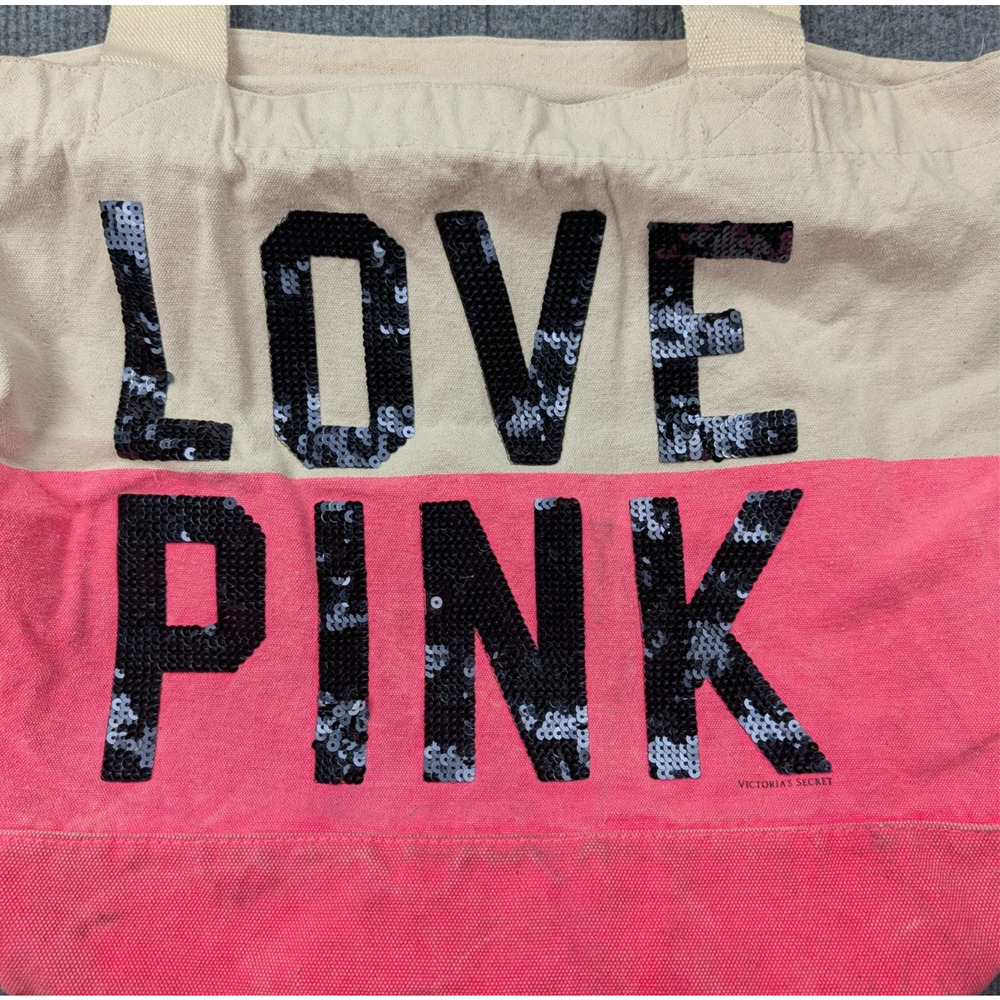 Vintage Victorias Secret Love Pink Canvas Tote Bag Sequin Y2K Preppy Carryall - Picture 3 of 8